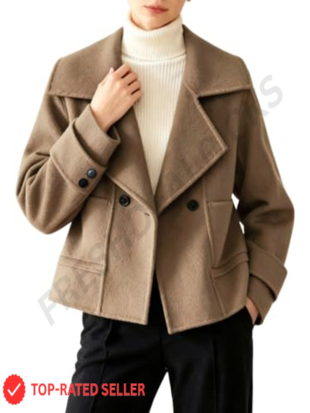 Womens Cropped Wool Pea Coat Notch Lapel Button Pockets Slim Fit Short